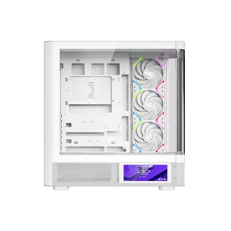 XYZ Quantum Pro ATX Curved Glass Panoramic PC Case with 4 Pre-Installed 120mm/140mm Vortex ARGB Fans & 6.2" (960x360) Smart Display Screen (Black, White)