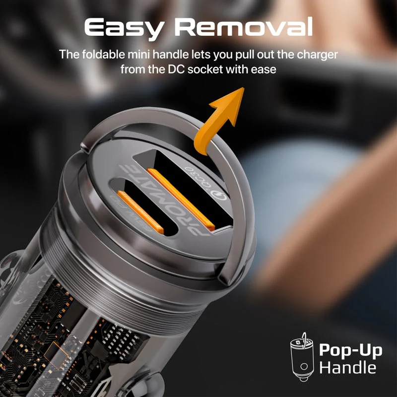 Promate TransDrive-65W 65W RapidCharge Transparent Mini Car Charger with Power Delivery & QC 3.0