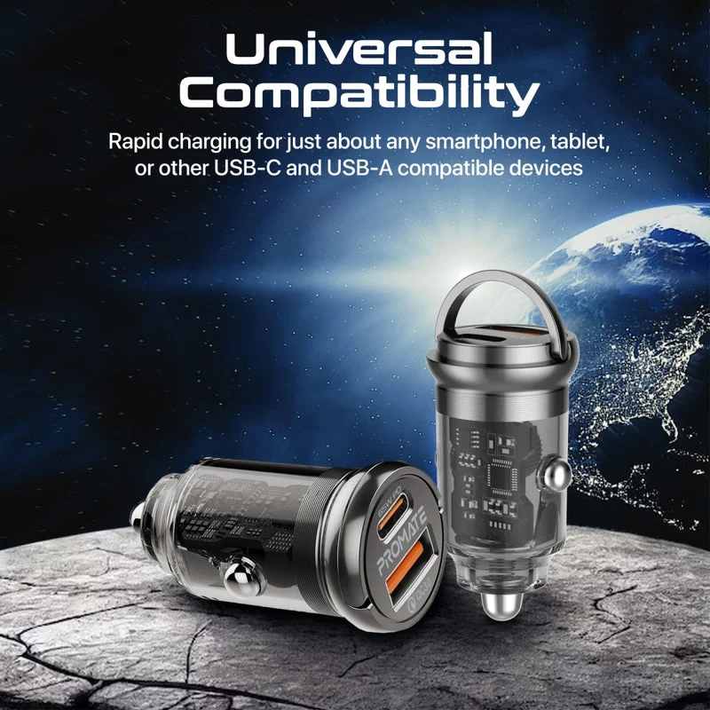 Promate TransDrive-65W 65W RapidCharge Transparent Mini Car Charger with Power Delivery & QC 3.0