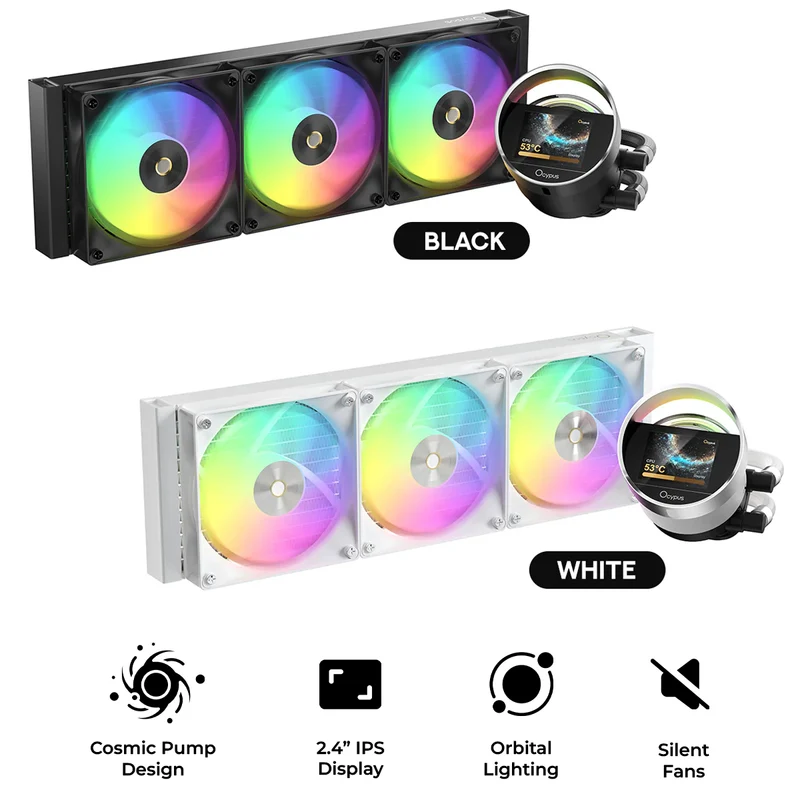 Ocypus Sigma L36 ARGB 360mm ARGB AIO Liquid Cooler with 2.4" IPS Display (Black, White)