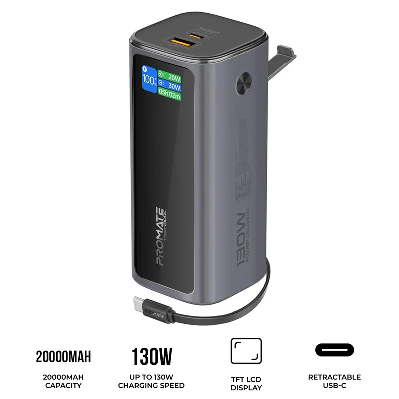 Promate Titan-130RC Ultra Compact 130W Multi-Port Power Bank with Retractable USB-C Cable & TFT LCD Screen