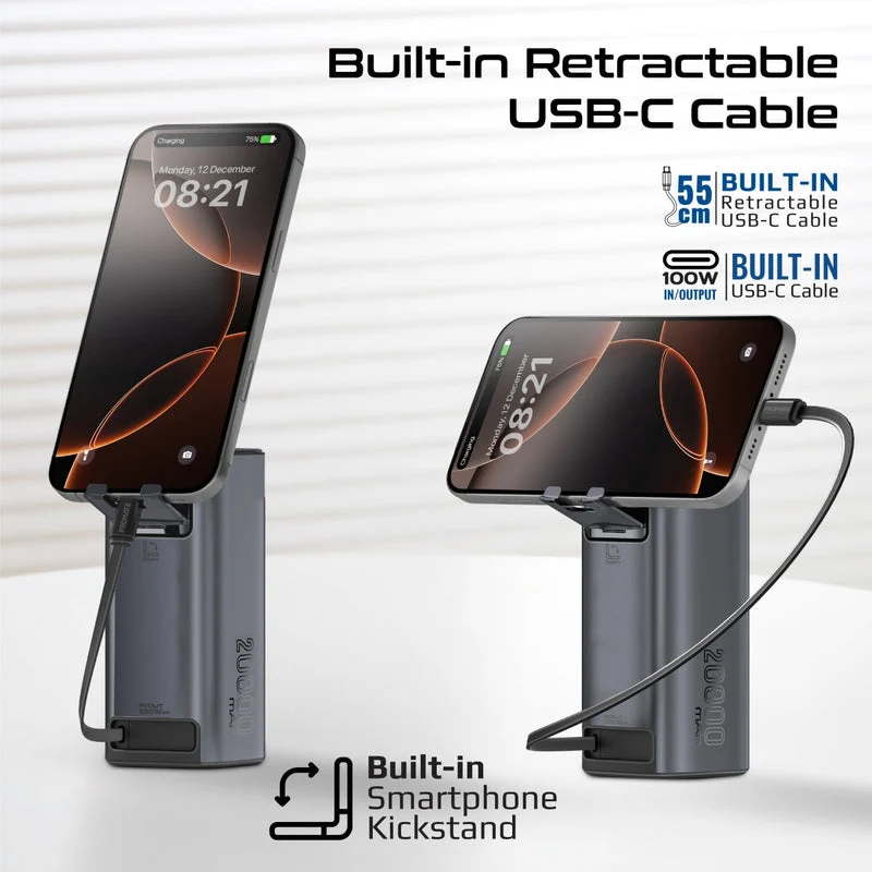 Promate Titan-130RC Ultra Compact 130W Multi-Port Power Bank with Retractable USB-C Cable & TFT LCD Screen