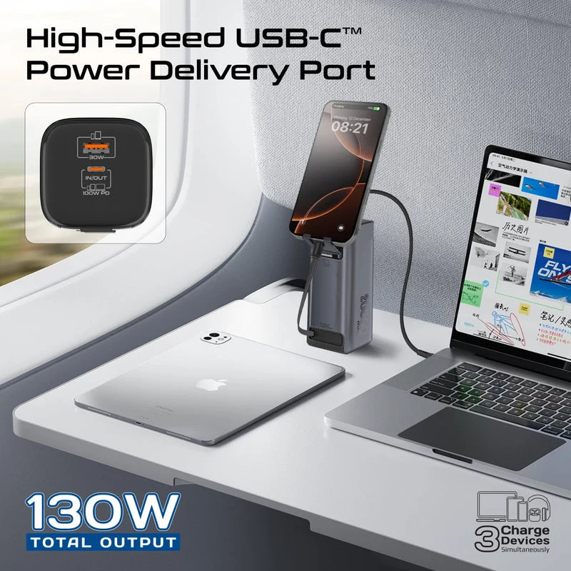 Promate Titan-130RC Ultra Compact 130W Multi-Port Power Bank with Retractable USB-C Cable & TFT LCD Screen