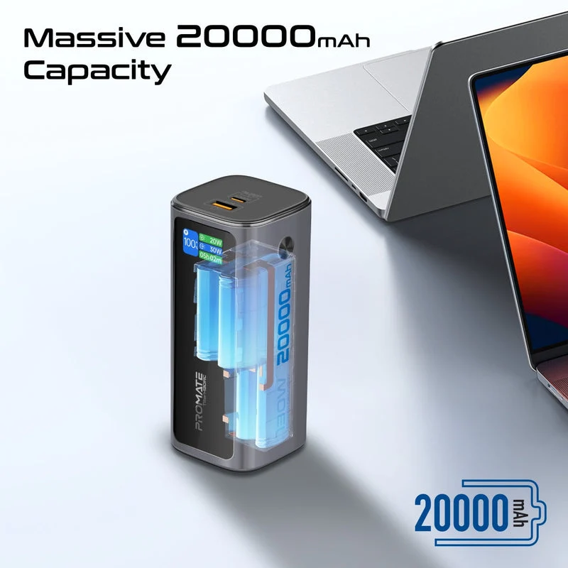 Promate Titan-130RC Ultra Compact 130W Multi-Port Power Bank with Retractable USB-C Cable & TFT LCD Screen