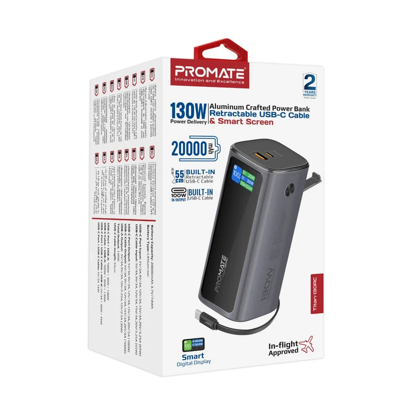 Promate Titan-130RC Ultra Compact 130W Multi-Port Power Bank with Retractable USB-C Cable & TFT LCD Screen