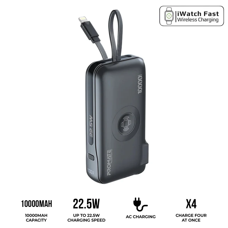 Promate PowerPack-10i Ultra-Compact Fast-Charging Power Bank with AC Charger, Apple Watch Charger & Built-In Lightning Cable