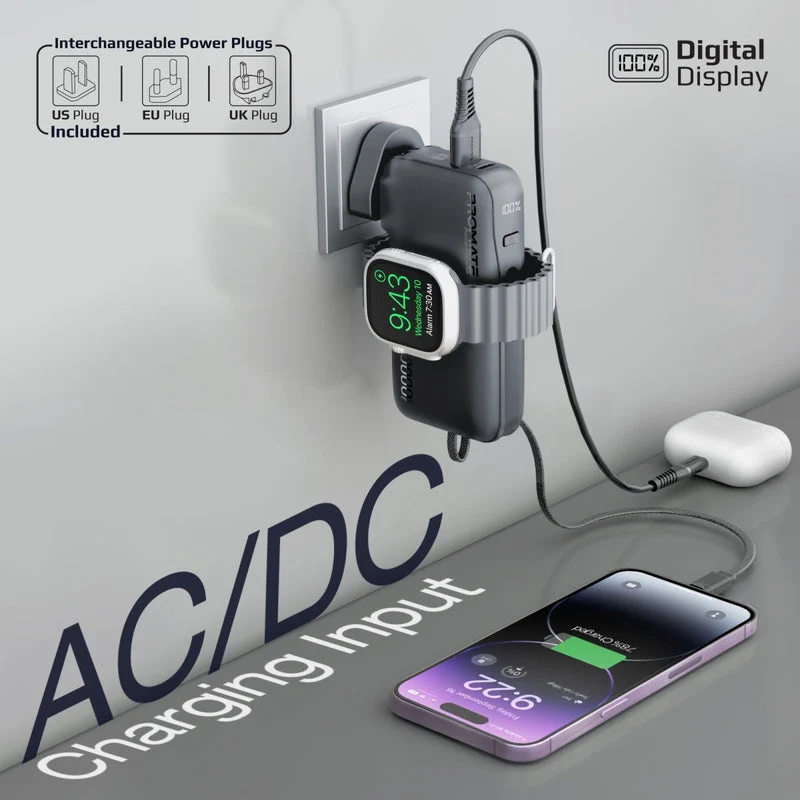 Promate PowerPack-10i Ultra-Compact Fast-Charging Power Bank with AC Charger, Apple Watch Charger & Built-In Lightning Cable