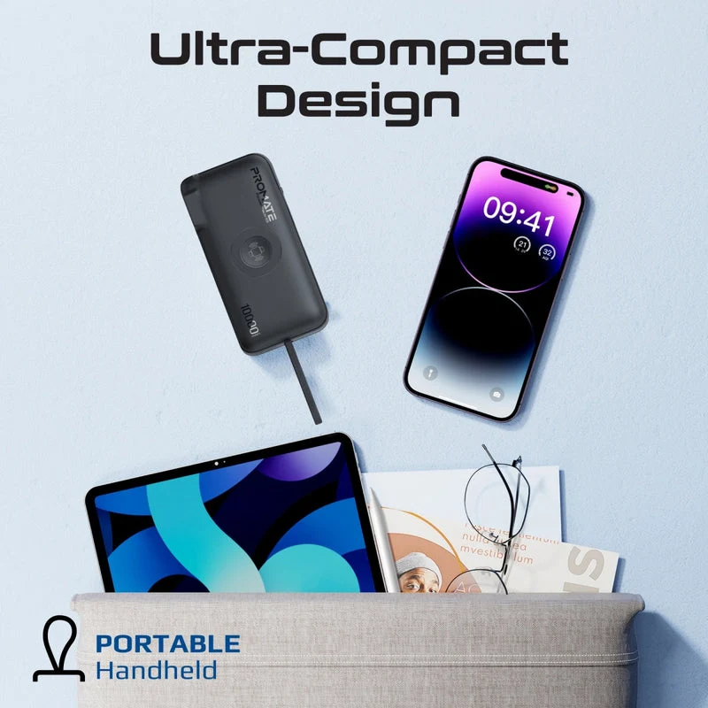 Promate PowerPack-10i Ultra-Compact Fast-Charging Power Bank with AC Charger, Apple Watch Charger & Built-In Lightning Cable