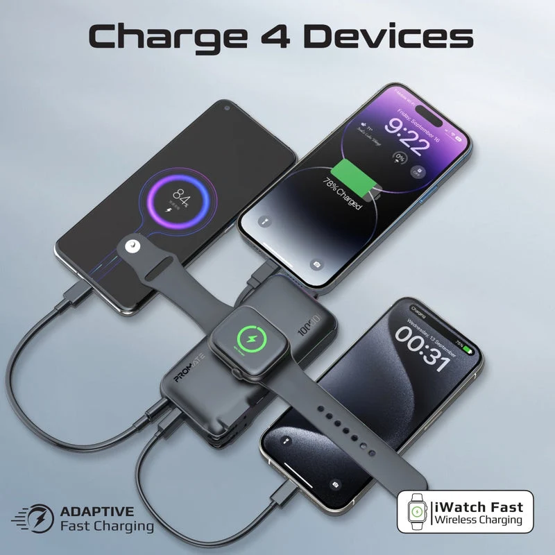 Promate PowerPack-10i Ultra-Compact Fast-Charging Power Bank with AC Charger, Apple Watch Charger & Built-In Lightning Cable