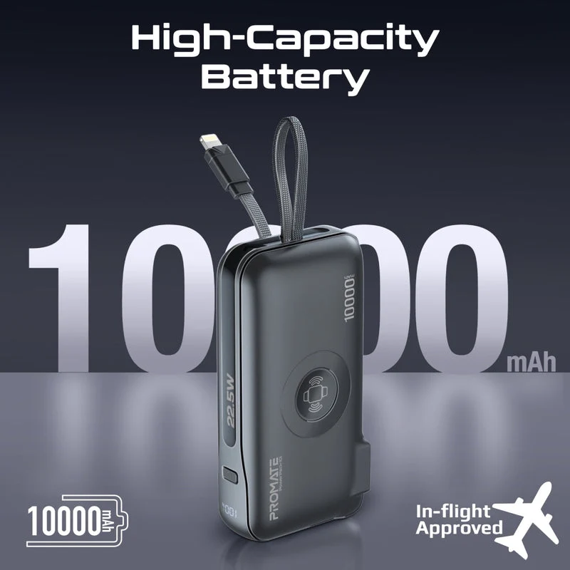 Promate PowerPack-10i Ultra-Compact Fast-Charging Power Bank with AC Charger, Apple Watch Charger & Built-In Lightning Cable