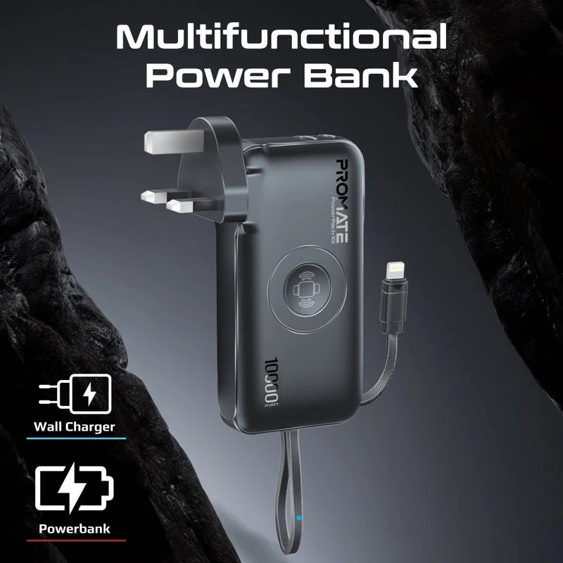 Promate PowerPack-10i Ultra-Compact Fast-Charging Power Bank with AC Charger, Apple Watch Charger & Built-In Lightning Cable