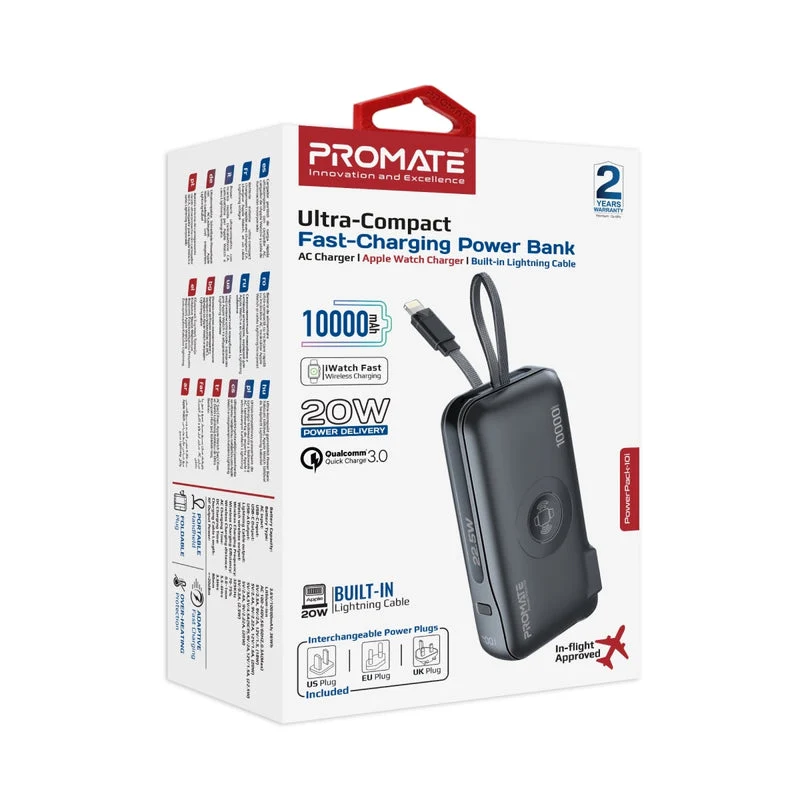 Promate PowerPack-10i Ultra-Compact Fast-Charging Power Bank with AC Charger, Apple Watch Charger & Built-In Lightning Cable