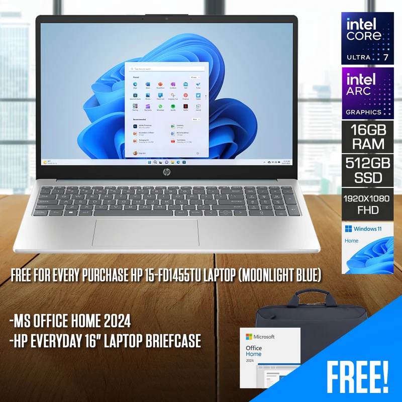 HP 15-FD1455TU Laptop (Moonlight Blue) | 15.6" FHD (1920 x 1080) | Core Ultra 7 155H | 16GB RAM | 512GB SSD | Intel Arc Graphics | Windows 11 Home | MS Office Home 2024 + HP Everyday 16" Laptop Briefcase