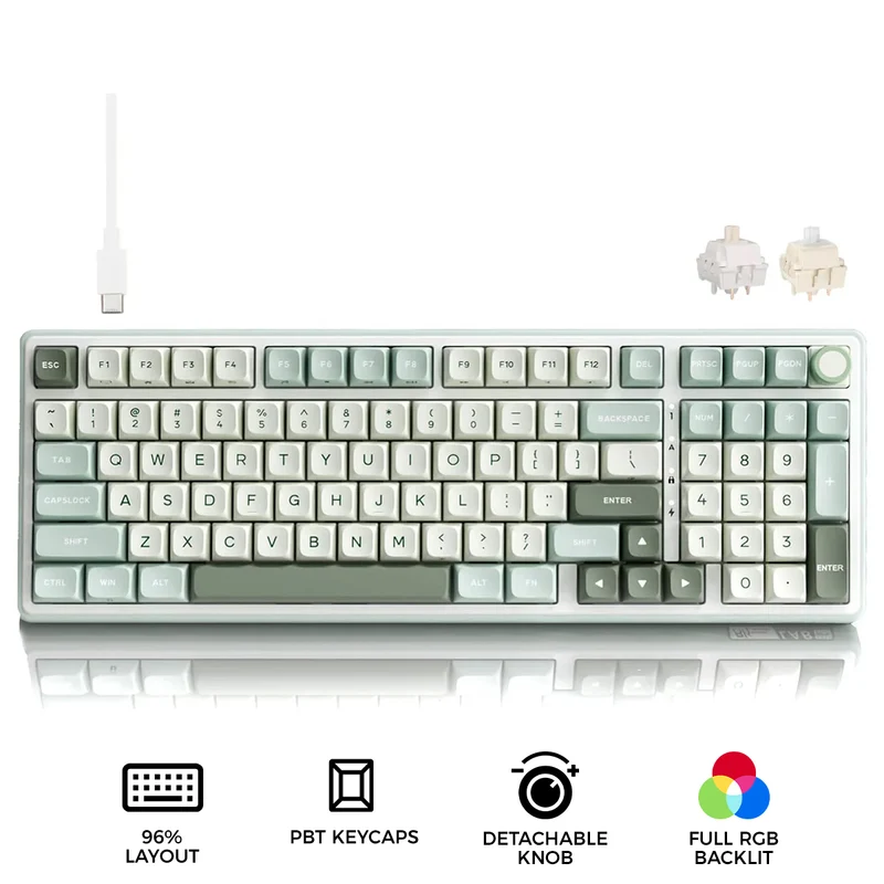 Royal Kludge R98Pro Wired RGB 98 Keys Hot-Swappable Mechanical Keyboard Sky Cyan (Cream Switch, Beige Switch)