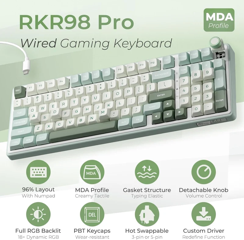 Royal Kludge R98Pro Wired RGB 98 Keys Hot-Swappable Mechanical Keyboard Sky Cyan (Cream Switch, Beige Switch)