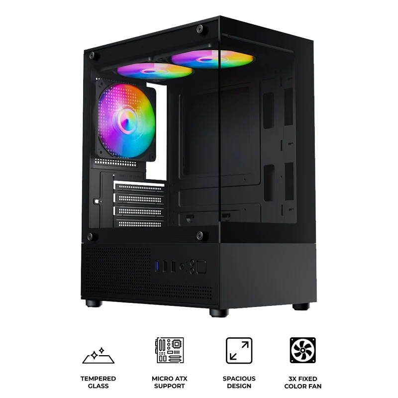 Trendsonic Juro JR14A Tempered Glass Front/Side Micro ATX PC Case with 3x Fixed Color Fan
