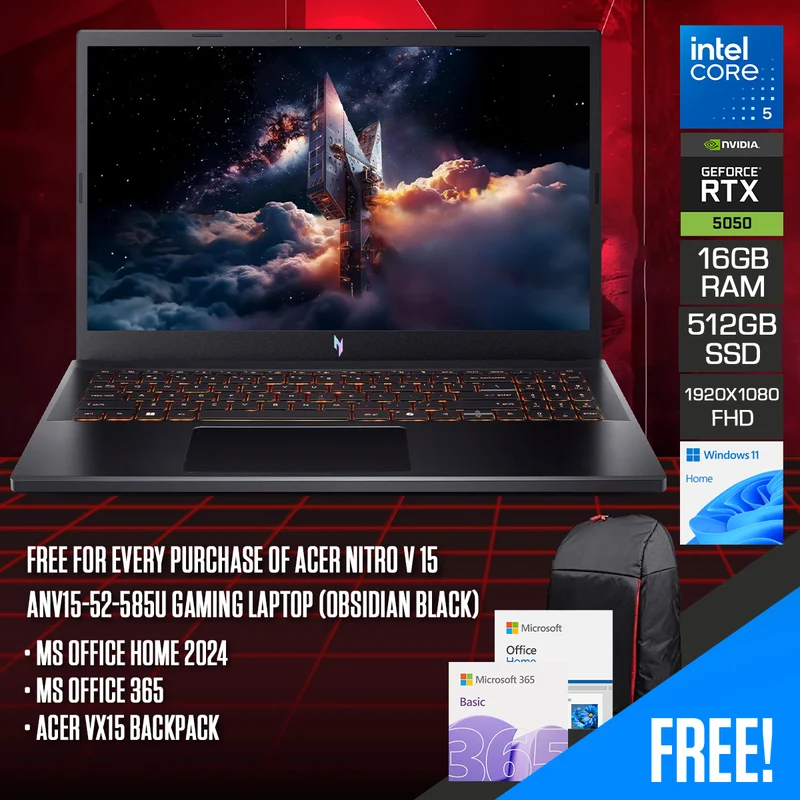Acer Nitro V 15 ANV15-52-585U Gaming Laptop (Obsidian Black) | 15.6" FHD (1920x1080) 165Hz IPS | Core 5-210H | 16GB RAM | 512GB SSD | RTX 5050 | Windows 11 Home | MS Office Home 2024 + MS Office 365 + Acer VX15 Backpack