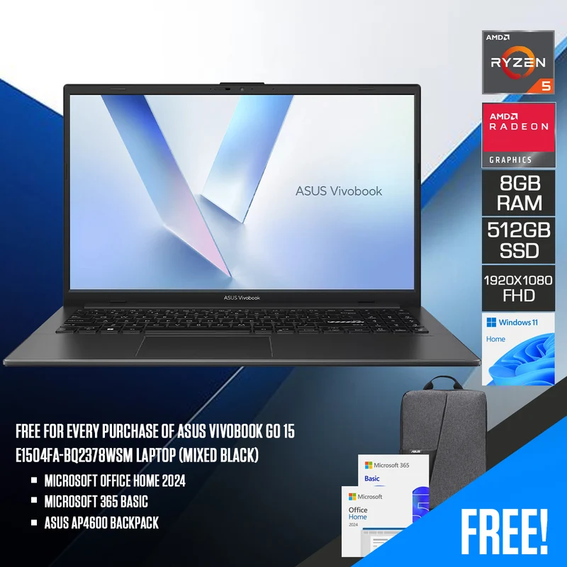 Asus Vivobook Go 15 E1504FA-BQ2378WSM Laptop (Mixed Black) | 15" FHD (1920x1080) | Ryzen 5 7520U | 8GB RAM | 512GB SSD | AMD Radeon Graphics | Windows 11 Home | Microsoft Office Home 2024 + Microsoft 365 Basic + Asus AP4600 Backpack