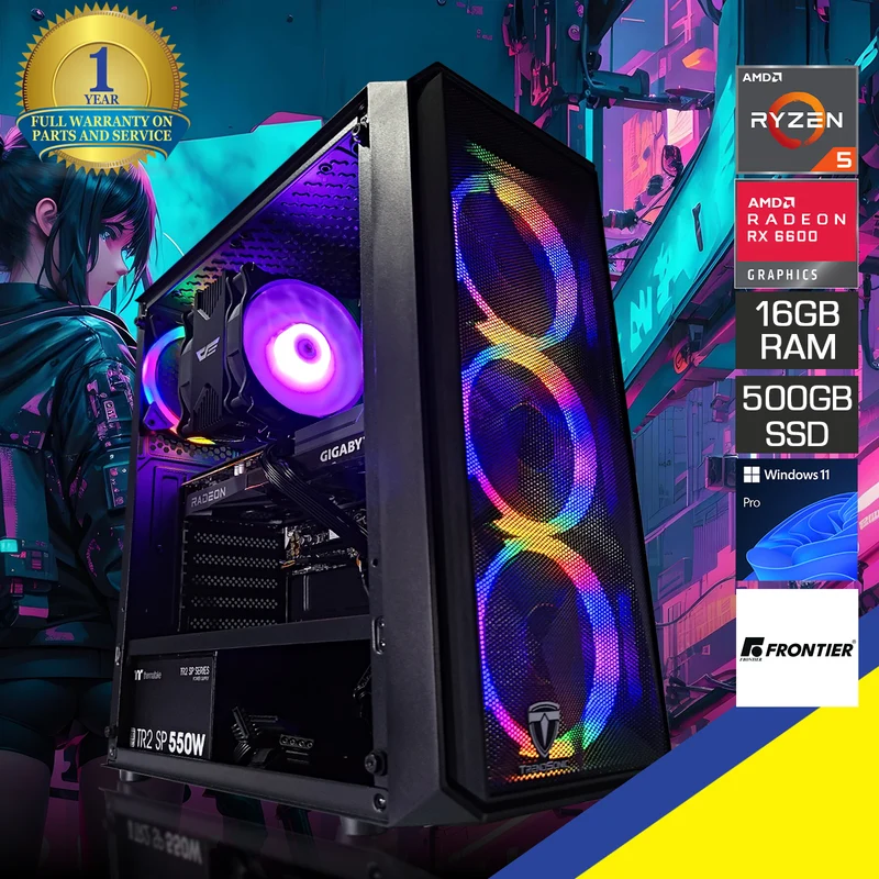 Alpha Megatron Black Desktop Gaming PC | AMD Ryzen 5 5600 | 16 GB RAM | 500 GB SSD | RX 6600 | Windows 11 Pro