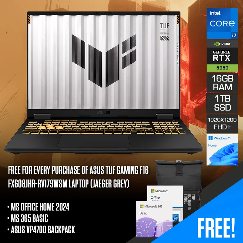Asus TUF Gaming F16 FX608JHR-RV179WSM Laptop (Jaeger Grey) | 16" FHD+ (1920x1200) 165Hz IPS | Core i7-14650HX | 16GB RAM | 1TB SSD | RTX 5050 8GB | Windows 11 Home | MS Office Home 2024 + MS 365 Basic + Asus VP4700 Backpack