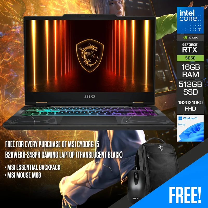 MSI Cyborg 15 B2RWEKG-248PH Gaming Laptop (Translucent Black) | 15.6" FHD (1920x1080) 144Hz IPS | Core 7 240H | 16GB RAM | 512GB SSD | RTX 5050 | Windows 11 Home | MSI Essential Backpack + MSI Mouse M88