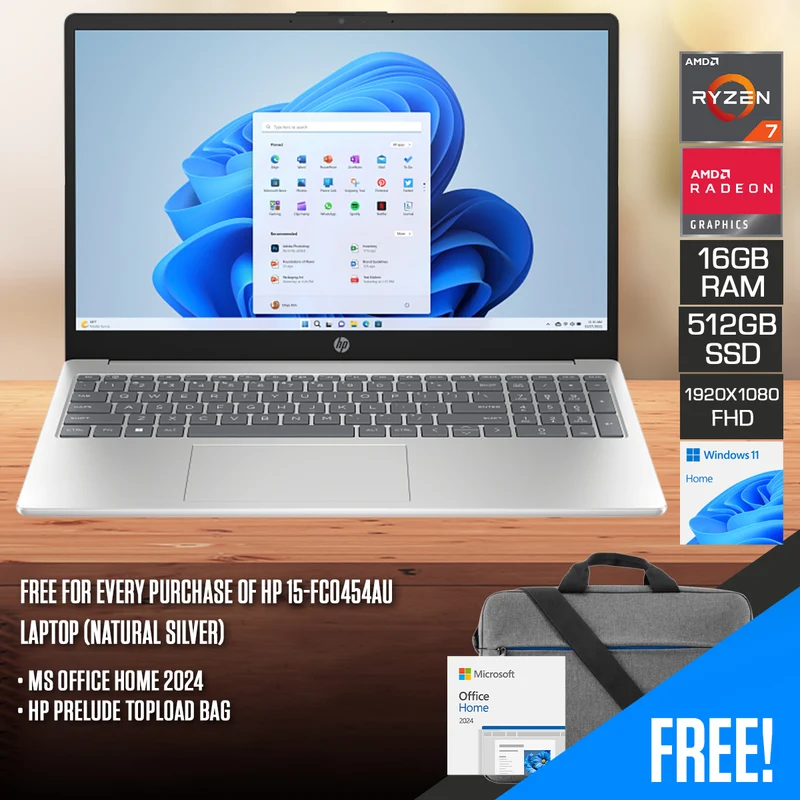 HP 15-FC0454AU Laptop (Natural Silver) | 15.6" FHD (1920x1080) | Ryzen 7 7730U | 16GB RAM | 512GB SSD | AMD Radeon Graphics | Windows 11 Home | MS Office Home 2024 + HP Prelude Topload Bag