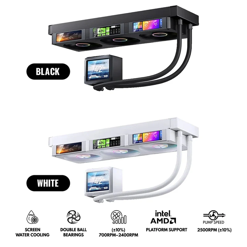 Jonsbo TF3-360SC 360MM AIO Liquid CPU Cooler w/ 3 x 3.38" Fan LCD Displays & 3.5" Pump Block LCD Display (Black, White)