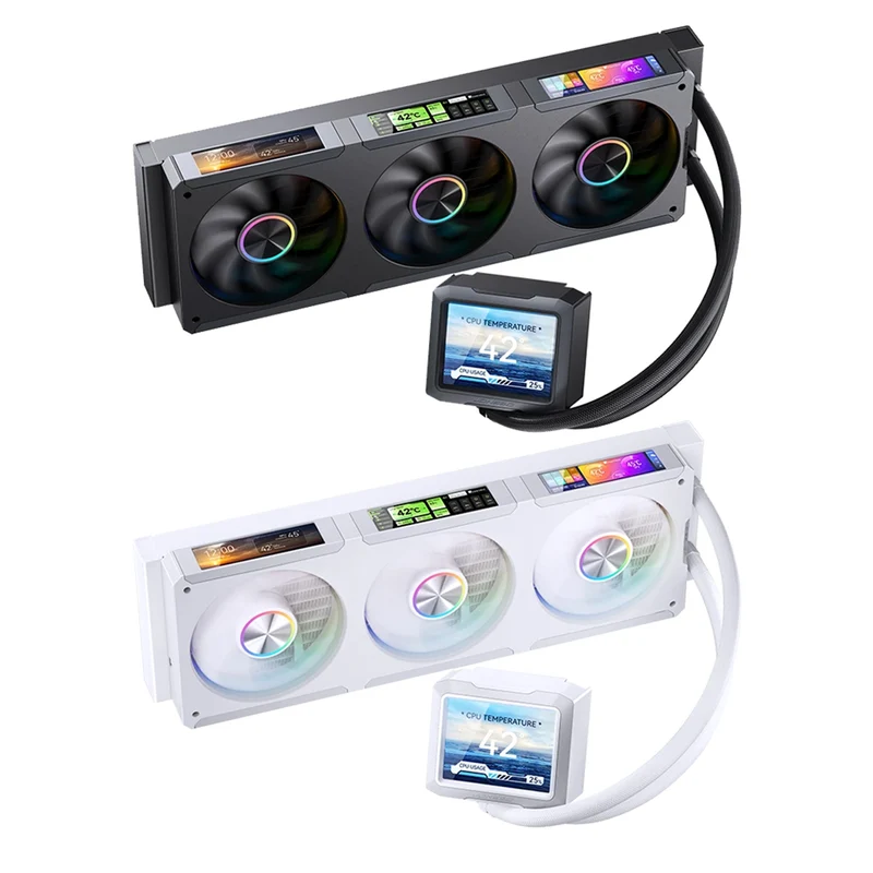 Jonsbo TF3-360SC 360MM AIO Liquid CPU Cooler w/ 3 x 3.38" Fan LCD Displays & 3.5" Pump Block LCD Display (Black, White)