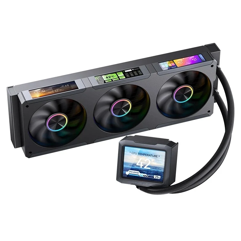 Jonsbo TF3-360SC 360MM AIO Liquid CPU Cooler w/ 3 x 3.38" Fan LCD Displays & 3.5" Pump Block LCD Display (Black, White)