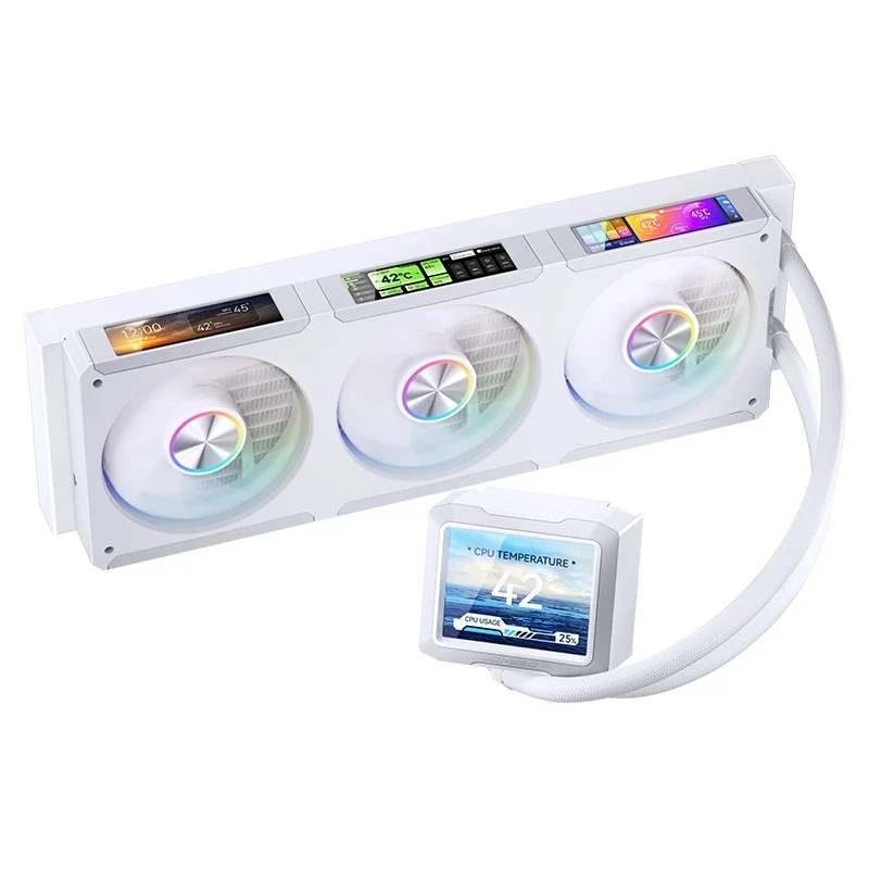 Jonsbo TF3-360SC 360MM AIO Liquid CPU Cooler w/ 3 x 3.38" Fan LCD Displays & 3.5" Pump Block LCD Display (Black, White)