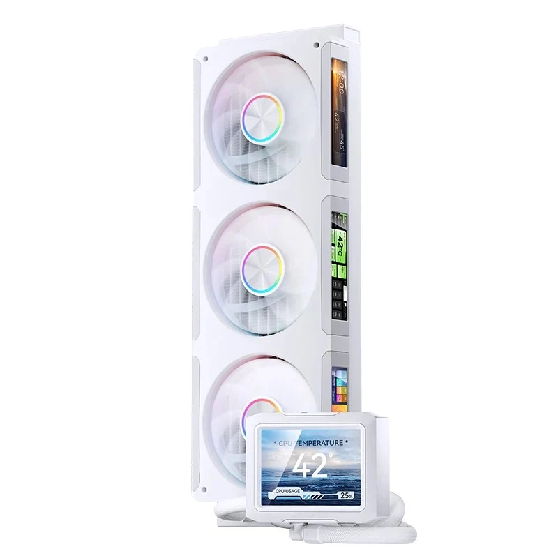 Jonsbo TF3-360SC 360MM AIO Liquid CPU Cooler w/ 3 x 3.38" Fan LCD Displays & 3.5" Pump Block LCD Display (Black, White)