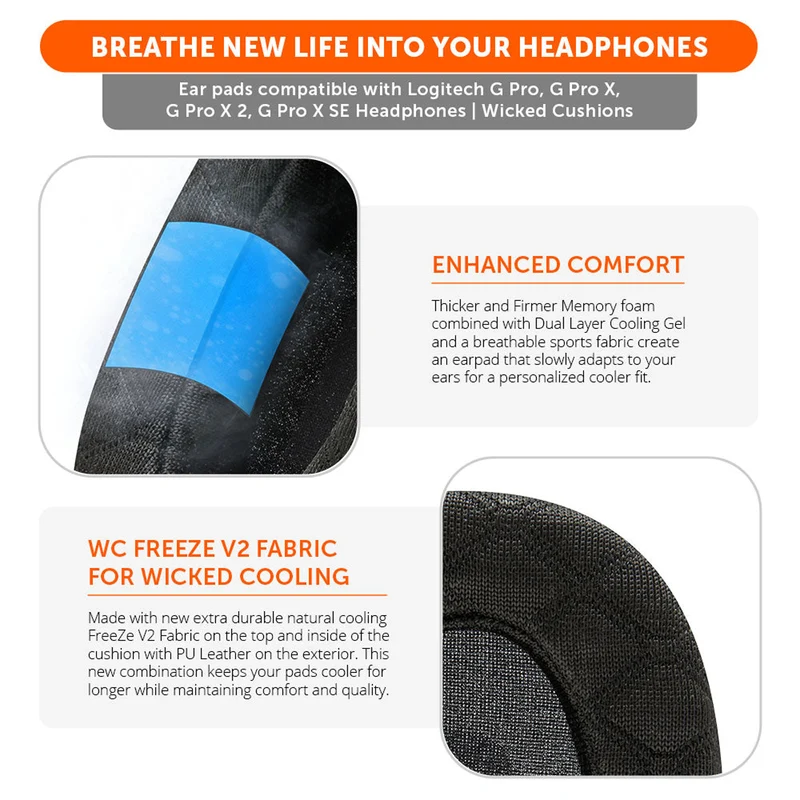 Wicked Cushions WC FreeZe G Pro X - Cooling Gel Earpads For Logitech G Pro X (90s Black, Black Camo, Black, Red Camo, Speed Racer)