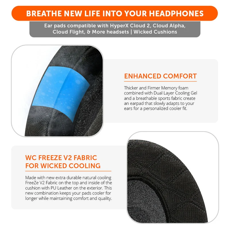 Wicked Cushions WC FreeZe HyperX Cloud - Cooling Gel Earpads For HyperX Cloud Series (90s Black, Black Camo, Black, Red Camo, Speed Racer)