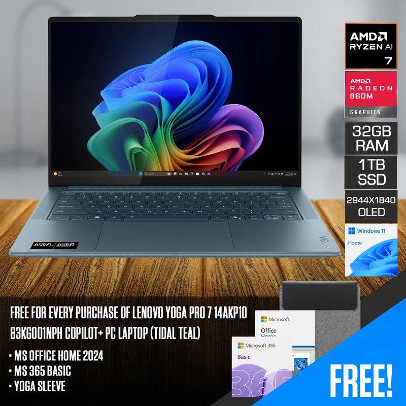 Lenovo Yoga Pro 7 14AKP10 83KG001NPH Copilot+ PC Laptop (Tidal Teal) | 14.5" 3K (2944x1840) OLED | Ryzen AI 7 350 | 32GB RAM | 1TB SSD | AMD Radeon 860M Graphics | Windows 11 Home | MS Office Home 2024 + MS 365 Basic + Yoga Sleeve