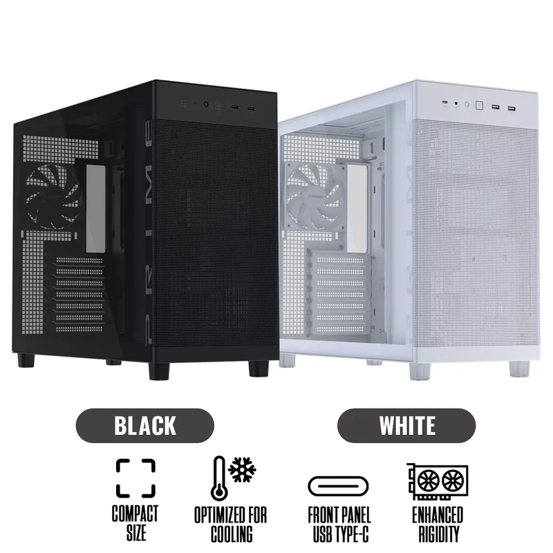 Asus Prime AP303 Tempered Glass Panel ATX PC Case (Black, White)