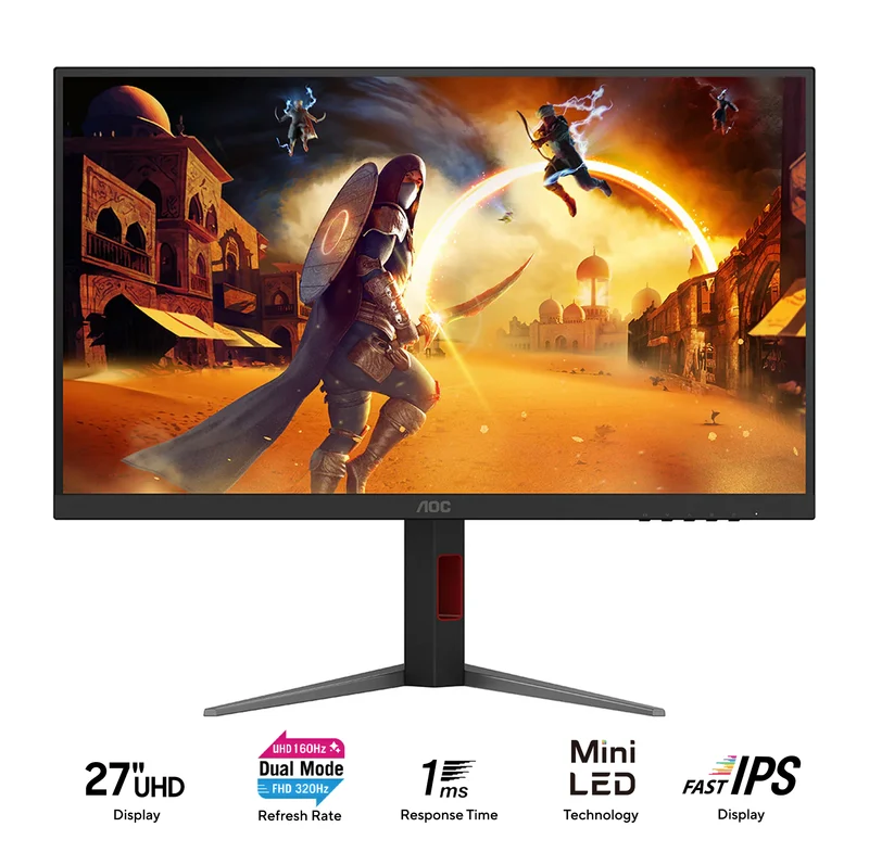 AOC U27G4XM 27" UHD (3840x2160) Dual Mode (4K @ 160Hz or FHD @ 320Hz) 1ms Fast IPS MiniLED Dual Gaming Monitor with Tilt, Height, Pivot & Swivel Adjustment (Black/Red)