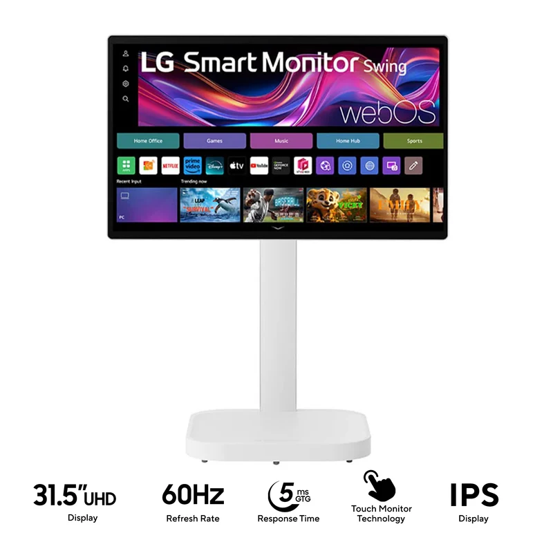 LG 32U889SA-W 31.5" 4K UHD (3840x2160) 60Hz 5ms GTG IPS Smart Monitor Swing with Touchscreen, Rolling Stand, Tilt, Height, Swivel, Pivot Adjustment