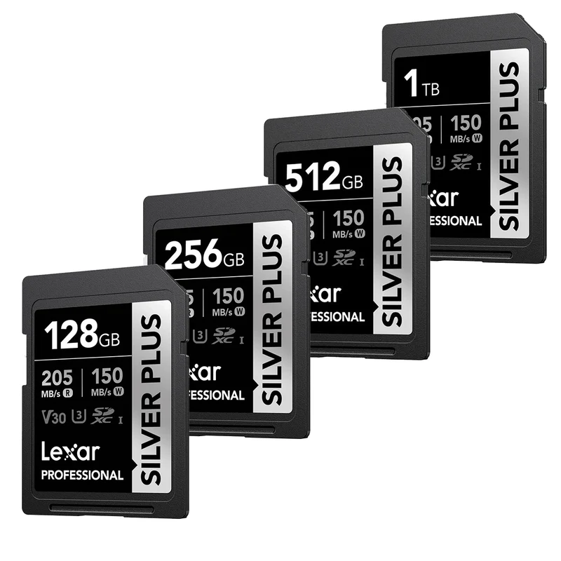 Lexar Professional SILVER PLUS SDXC UHS-I C10 U3 V30 205MB/s Read 150MB/s Write SD Card (128GB, 256GB, 512GB, 1TB)