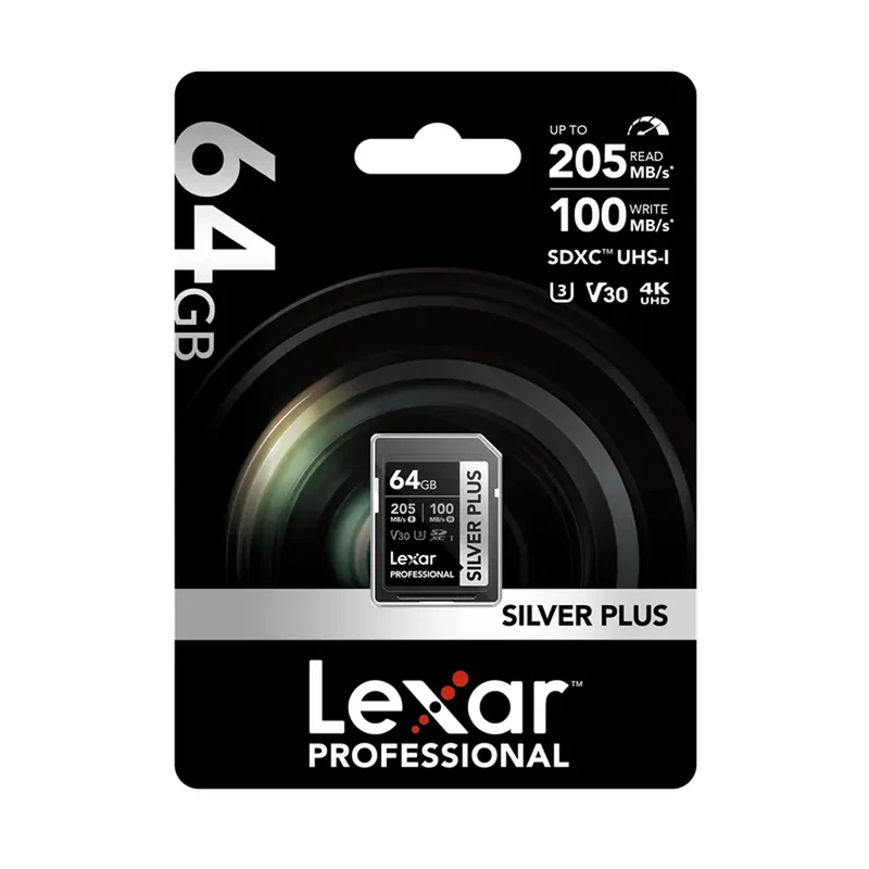 Lexar Professional SILVER PLUS 64GB SDXC UHS-I C10 U3 V30 205MB/s Read 100MB/s Write SD Card (LSDSIPL064G-BNNNG)