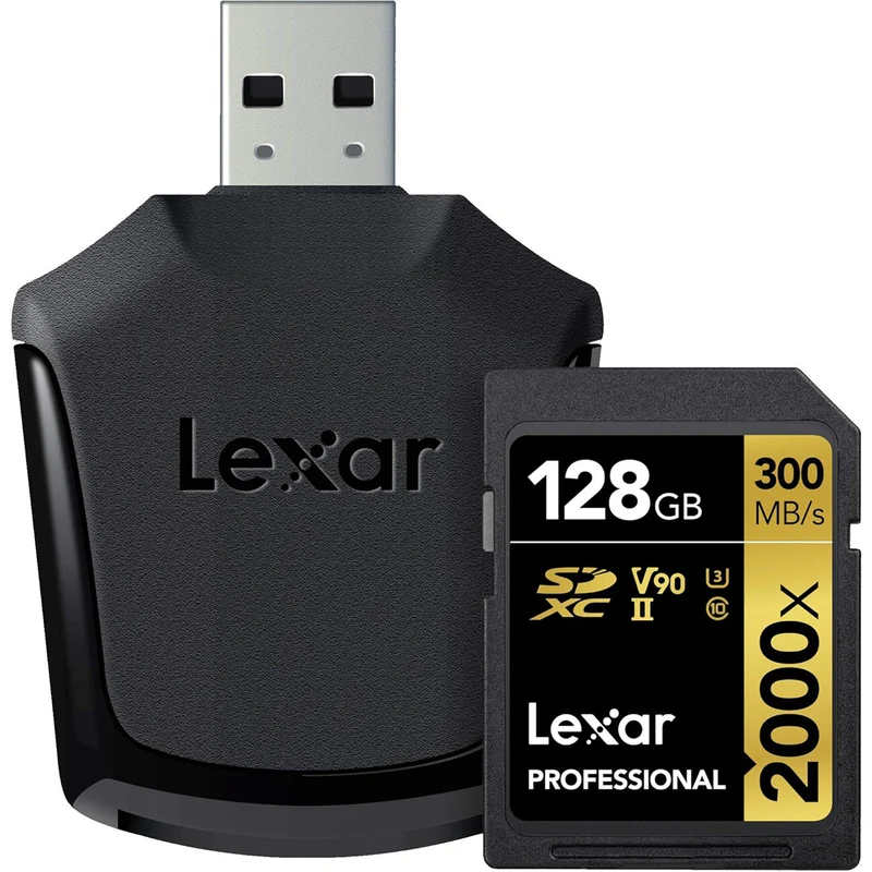 Lexar Professional 2000x 128GB SDXC UHS-II C10 U3 V90 300MB/s Read 260MB/s Write SD Card GOLD Series with Reader (LSD128CB2000R)