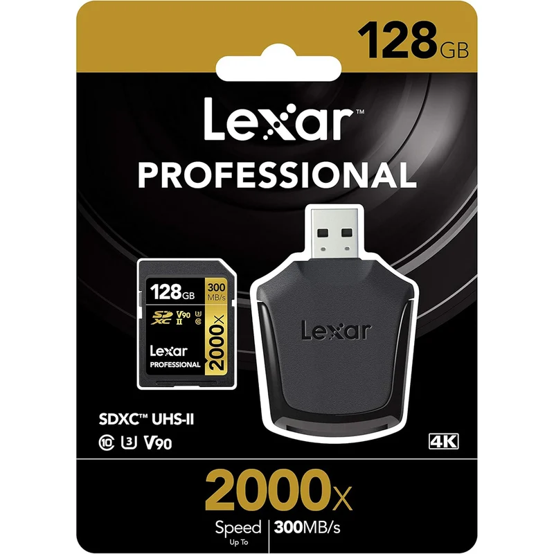 Lexar Professional 2000x 128GB SDXC UHS-II C10 U3 V90 300MB/s Read 260MB/s Write SD Card GOLD Series with Reader (LSD128CB2000R)