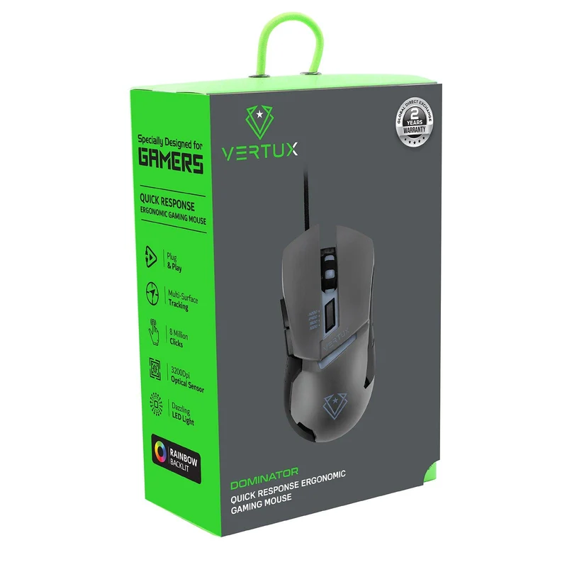 Vertux Dominator Quick Response Wired Ergonomic Gaming Mouse Grey