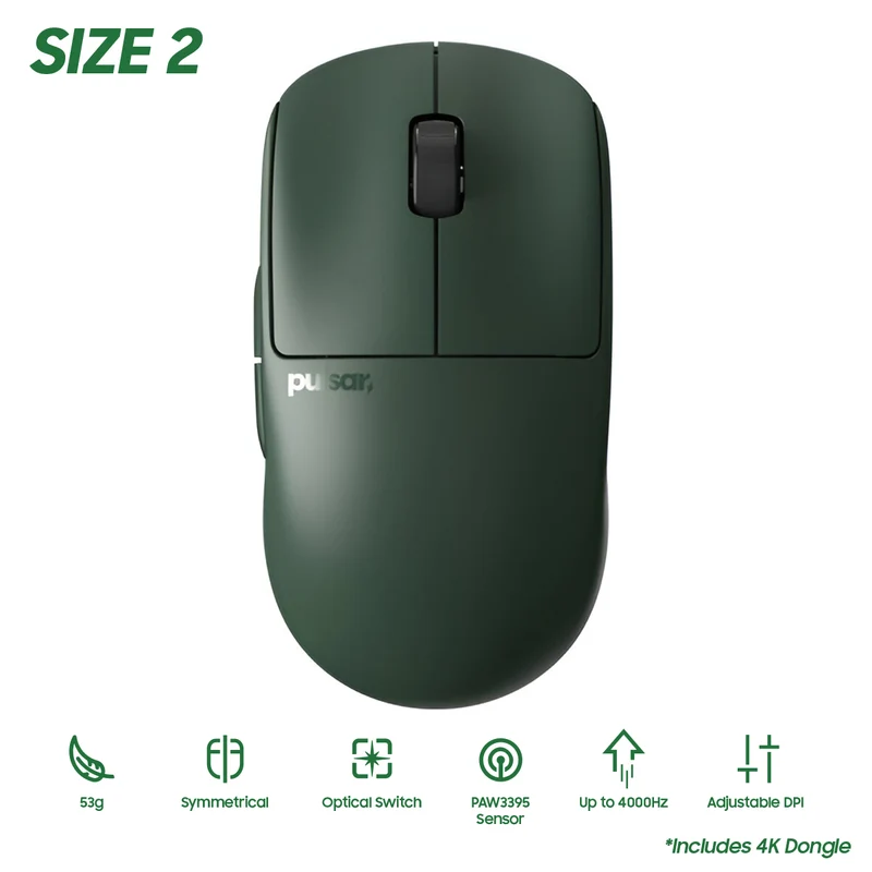Pulsar X2V2 Ultralight Wireless Symmetrical Esports Mouse Founders Edition Size 2 (Green) (PX2224)