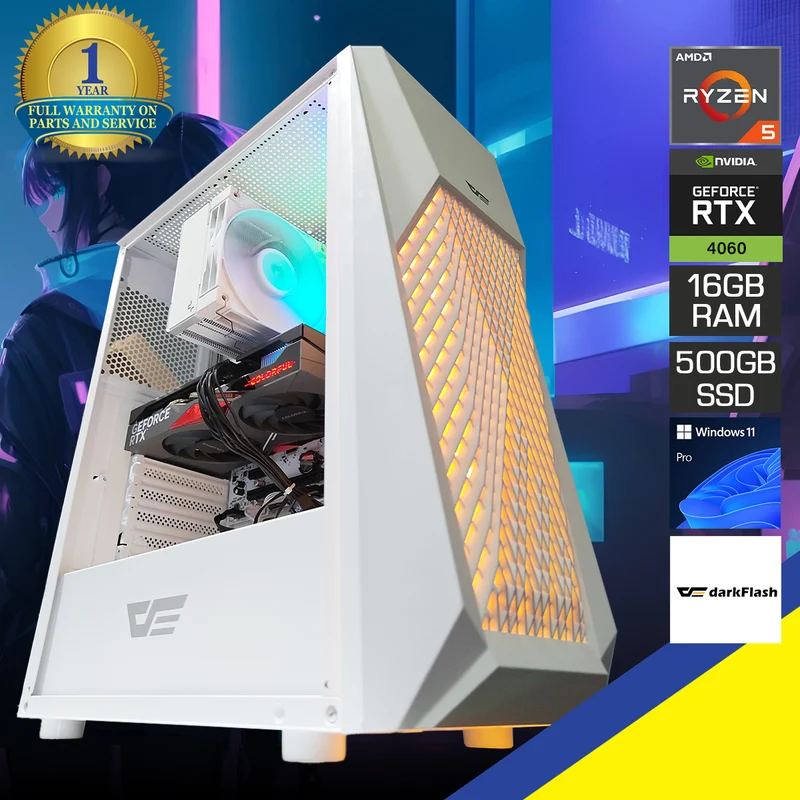 Alpha DK150 Luxury White Desktop Gaming PC | AMD Ryzen 5 5500 | 16 GB RAM | 500 GB SSD | RTX 4060 | Windows 11 Pro
