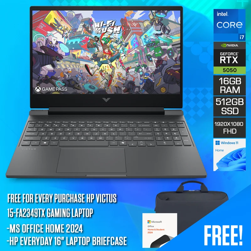 HP Victus 15-FA2349TX Gaming Laptop | 15.6" FHD (1920x1080) 144Hz IPS | Core i7-13620H | 16GB RAM | 512GB SSD | RTX 5050 8GB | Windows 11 Home | + MS Office Home 2024 + HP Everyday 16" Laptop Briefcase