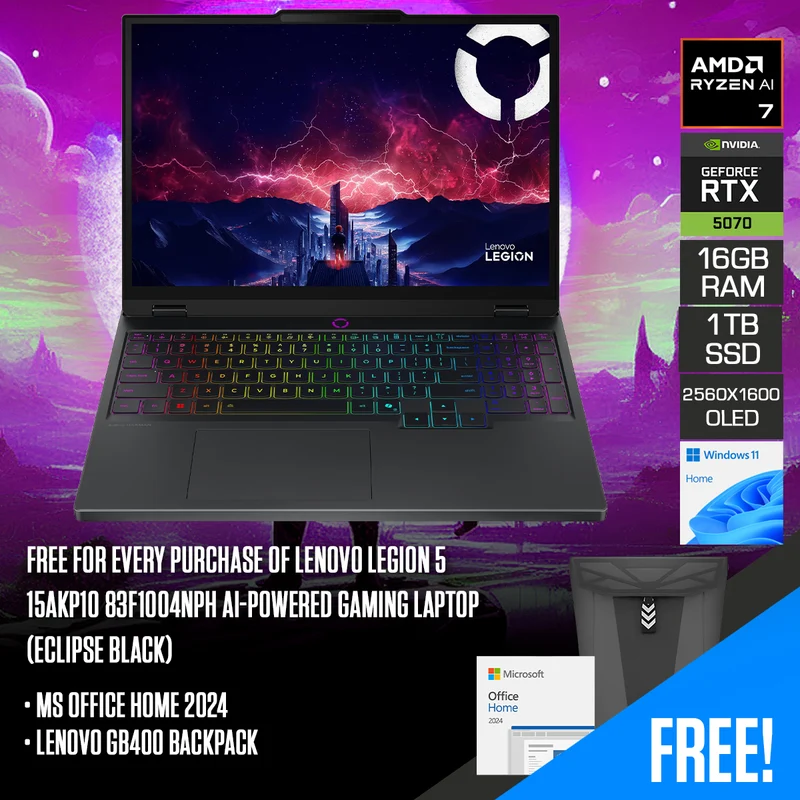 Lenovo Legion 5 15AKP10 83F1004NPH AI-Powered Gaming Laptop (Eclipse Black) | 15.1" WQXGA (2560x1600) OLED 165Hz | Ryzen AI 7 350 | 16GB RAM | 1TB SSD | RTX 5070 8GB | Windows 11 Home | MS Office Home 2024 + Lenovo GB400 Backpack