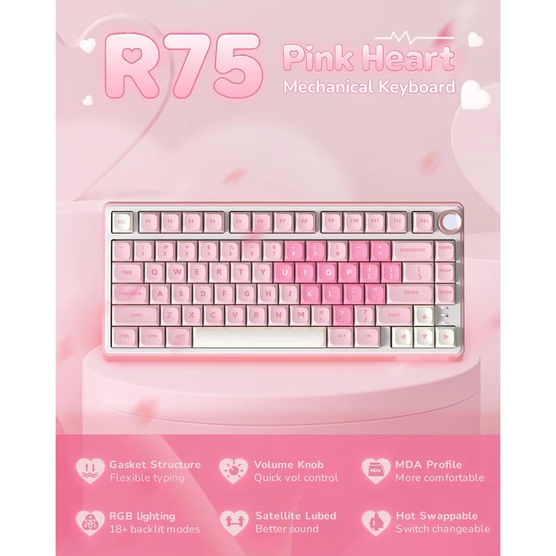 Royal Kludge R75 QMK Single-Mode RGB 81 Keys Hot-Swappable Mechanical Keyboard Pink Melody (Cream, Beige Switch)