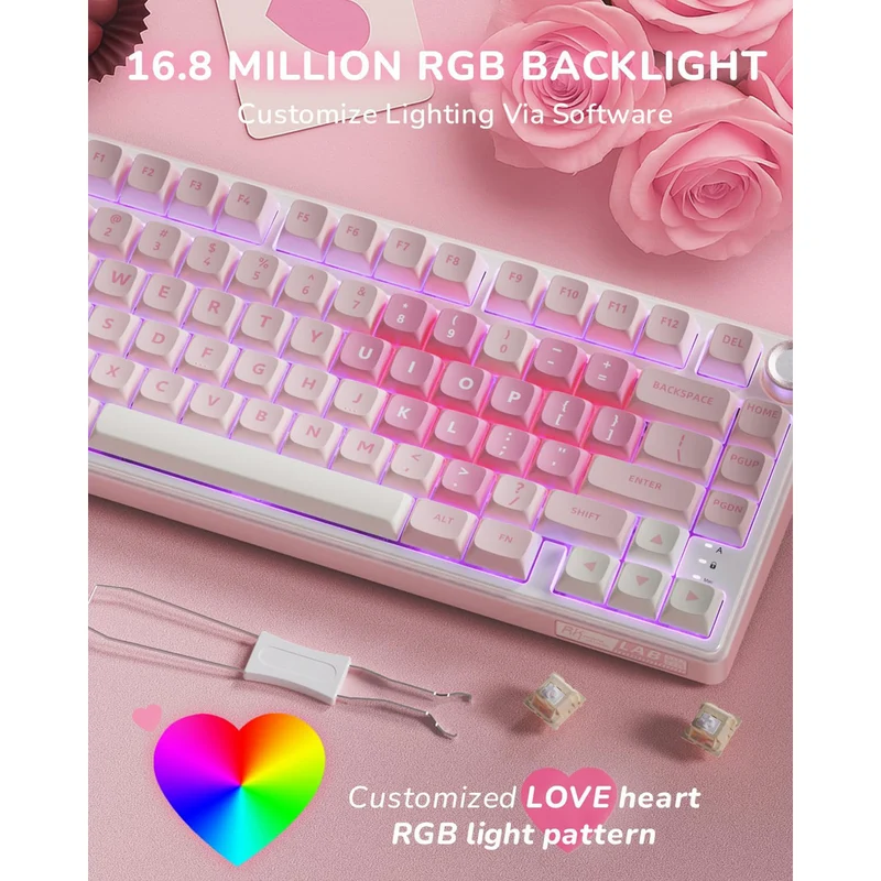 Royal Kludge R75 QMK Single-Mode RGB 81 Keys Hot-Swappable Mechanical Keyboard Pink Melody (Cream, Beige Switch)