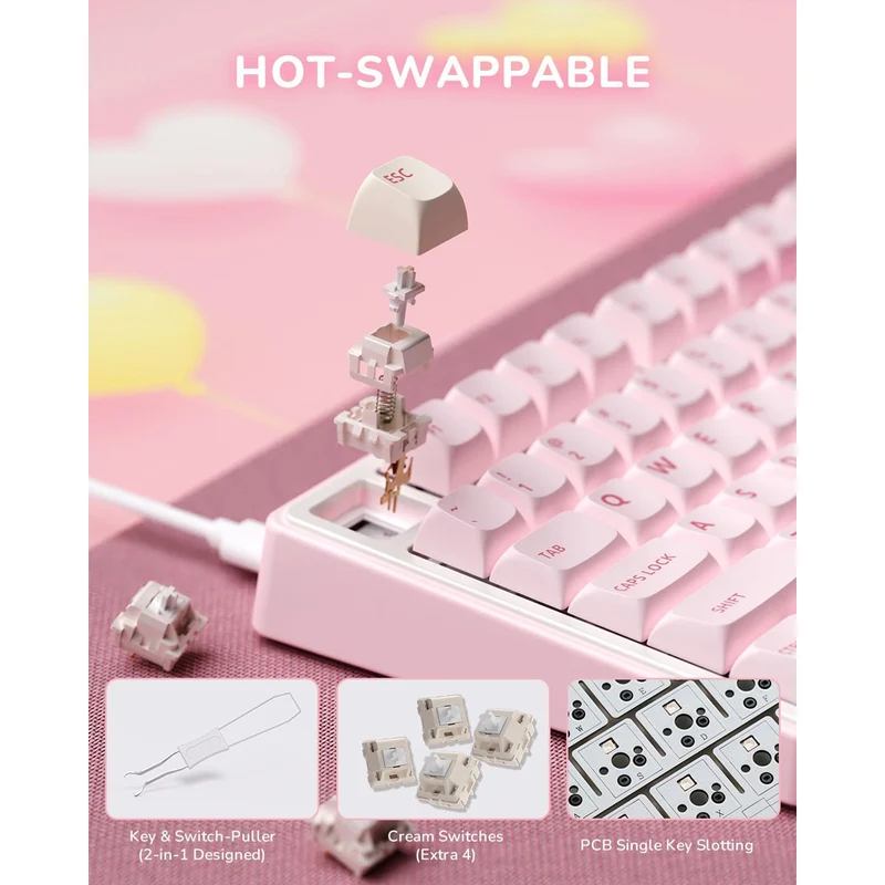 Royal Kludge R75 QMK Single-Mode RGB 81 Keys Hot-Swappable Mechanical Keyboard Pink Melody (Cream, Beige Switch)