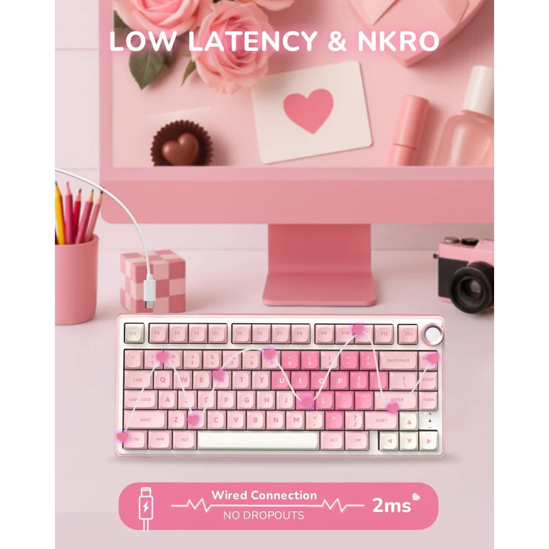 Royal Kludge R75 QMK Single-Mode RGB 81 Keys Hot-Swappable Mechanical Keyboard Pink Melody (Cream, Beige Switch)